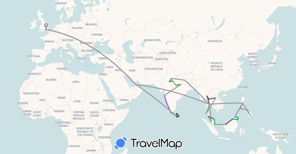 TravelMap itinerary: driving, bus, plane, train, motorbike in United Arab Emirates, Brunei, United Kingdom, India, Sri Lanka, Malaysia, Nepal, Philippines, Singapore, Thailand (Asia, Europe)