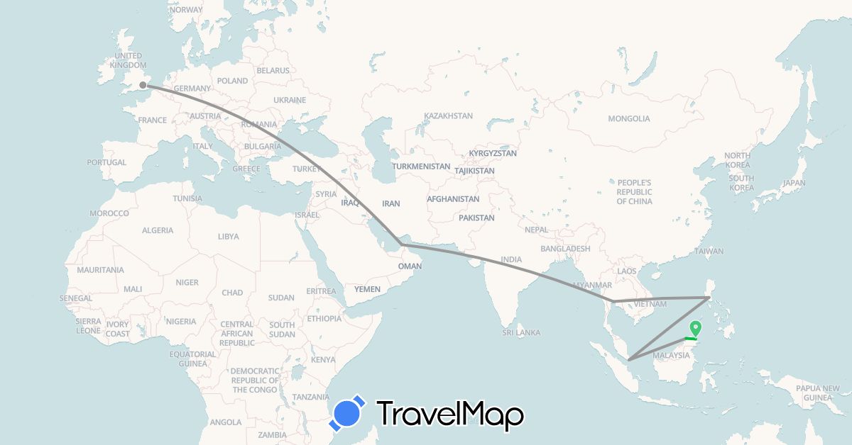 TravelMap itinerary: driving, bus, plane in United Arab Emirates, United Kingdom, Malaysia, Philippines, Singapore, Thailand (Asia, Europe)